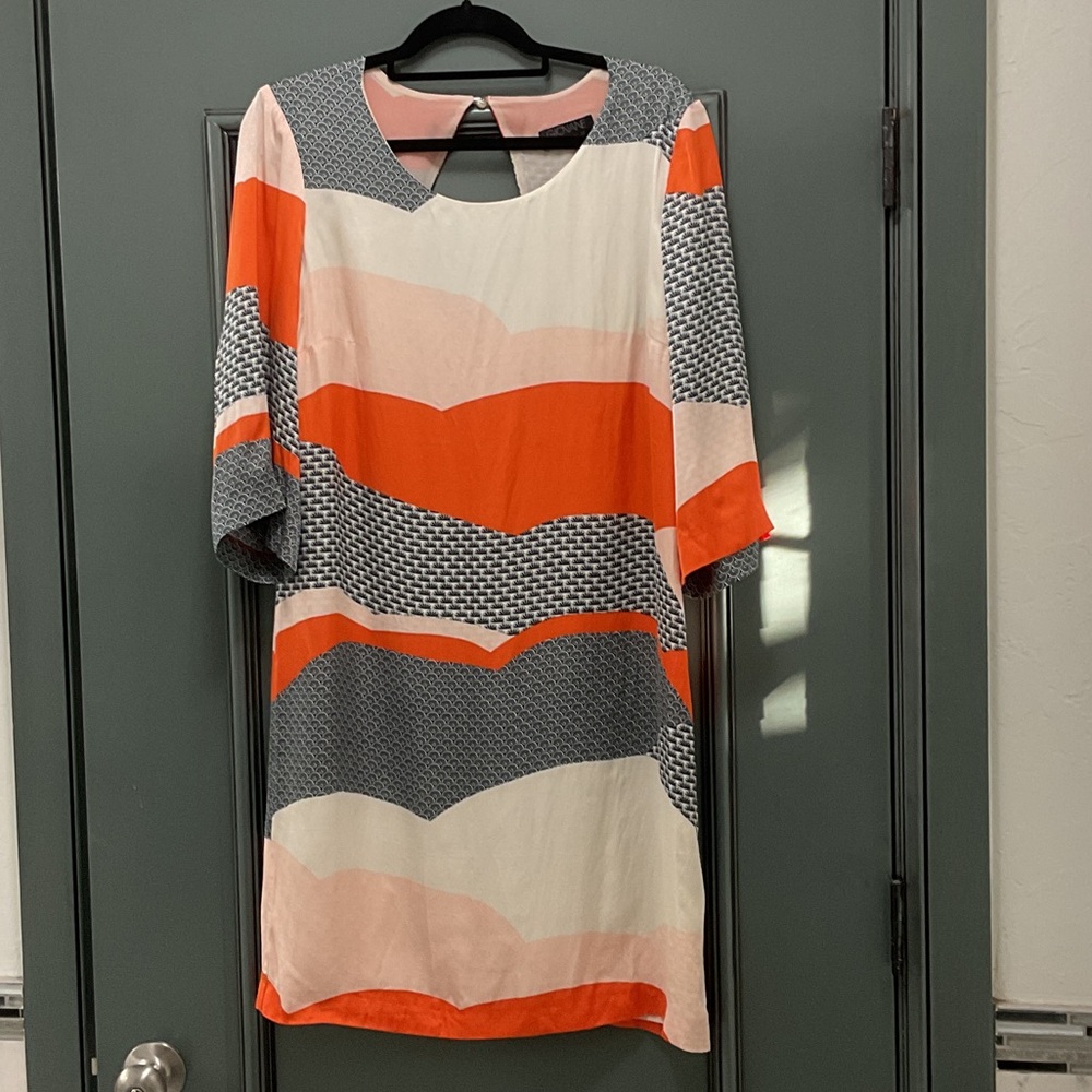 Y2K Italian Colorblock lined Midi Dress in Orange, Cream, and Black bold print